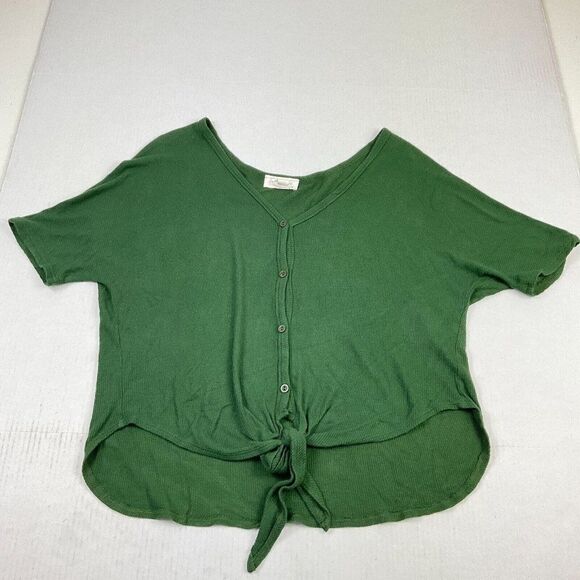 Lavender Field Button Shirt Green Short Sleeve Tie Front V-Neck Top Size Medium - Picture 1 of 11